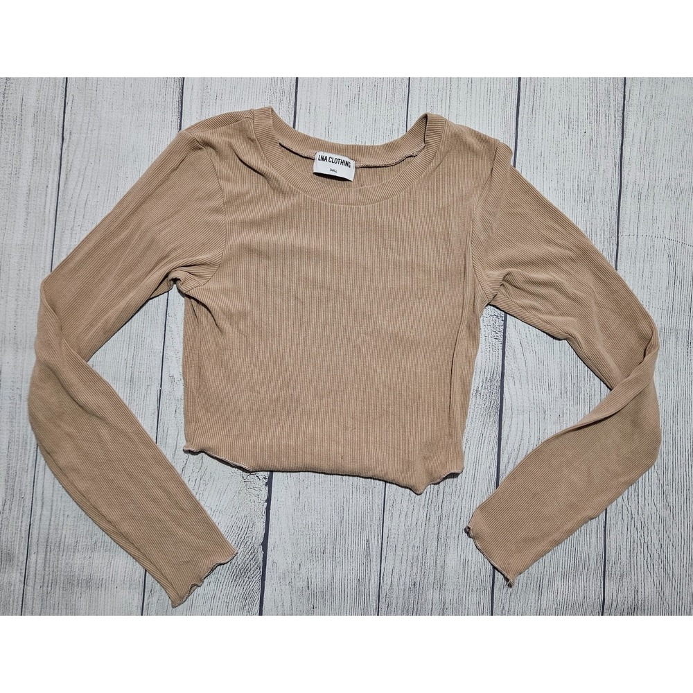 LNA Clothing Arya Crop Top Womens Small Tan Ribbed Long Sleeve Fitted Y2K Modern